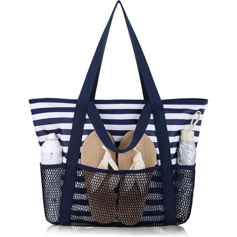 Women Blue Beach Bag Large Waterproof Sandproof Foldable Tote With Zipper Mesh